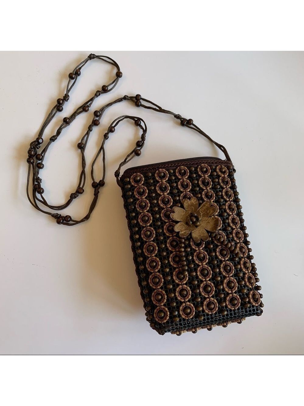 Handmade Wood Beaded Crossbody Bag Floral Top Zip Mini Crossbody